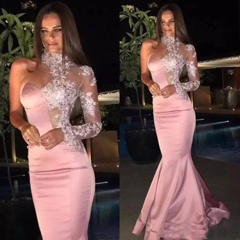 

Verngo One-shoulder Pink Mermaid Long Dresses 2019 Evening Dress Lace-appliques High Neck Prom Gown Red Carpet Celebrity Dress