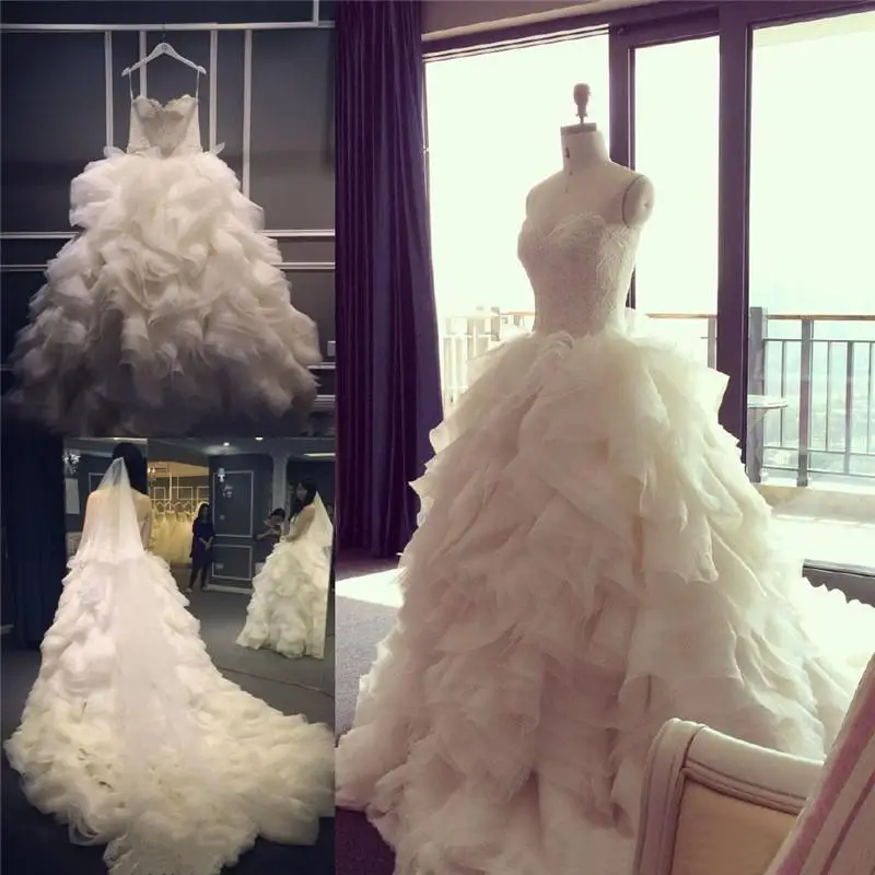 Ruched Wedding Dresses Flouncing Ivory Colors Strapless Lace Top Bridal Gowns Ruffles Wedding Dress High Quality Church Beach Garden 269