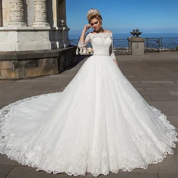

Luxury Full Lace Appliques Tulle Cathedral Train Wedding Dress Elegant Off The Shoulder Bridal Ball Gown