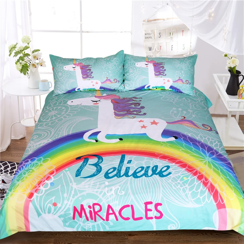Unicorn Bedding Set Believe Miracles Cartoon Single Bed Duvet
