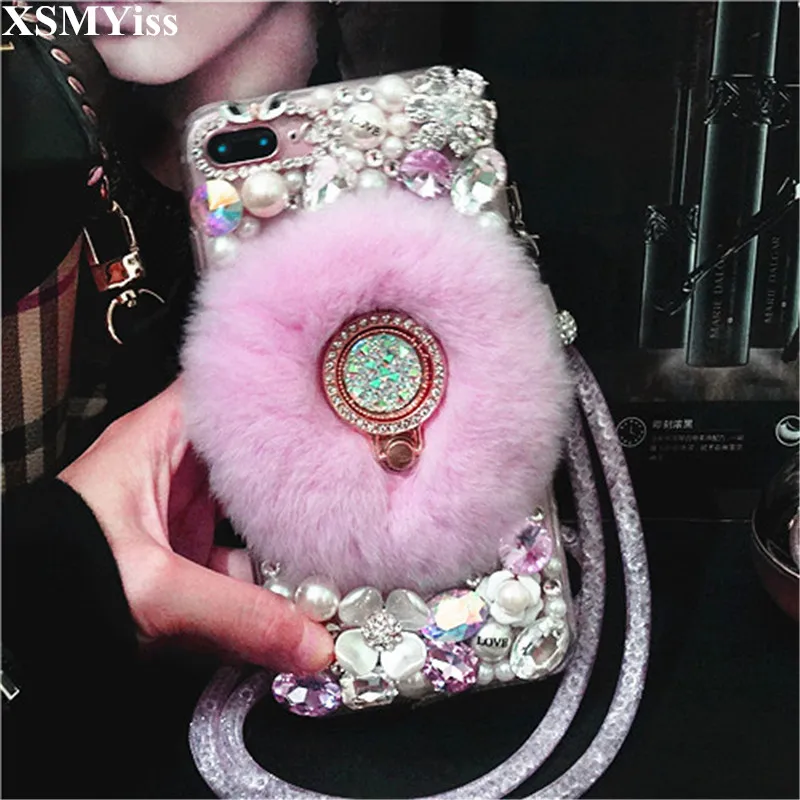 

Luxury Bling Diamond Warm Soft Beaver Rabbit Fur Gem Ring Stand Phone Case For iphone 11 Pro MAX 5S SE 6 6S 7 8 Plus X XS MAX XR