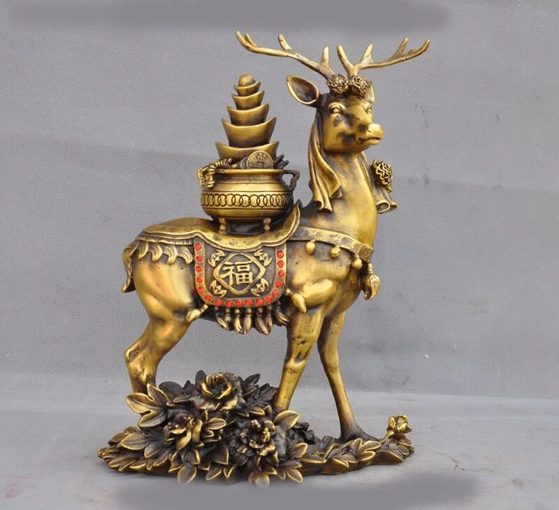 Свадебные украшения Китайский Фэншуй латунь богатство богатые сокровищница Yuanbao животных Цветок Статуя оленя