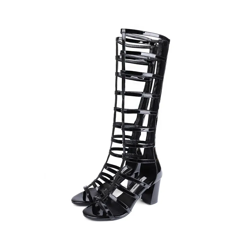 

2019 Mesh Boots Shoes For Women Square Toe Hollow Cross Strap Chunky high heels Heel Long Boots Lady Fashion Knee Boots Sandals