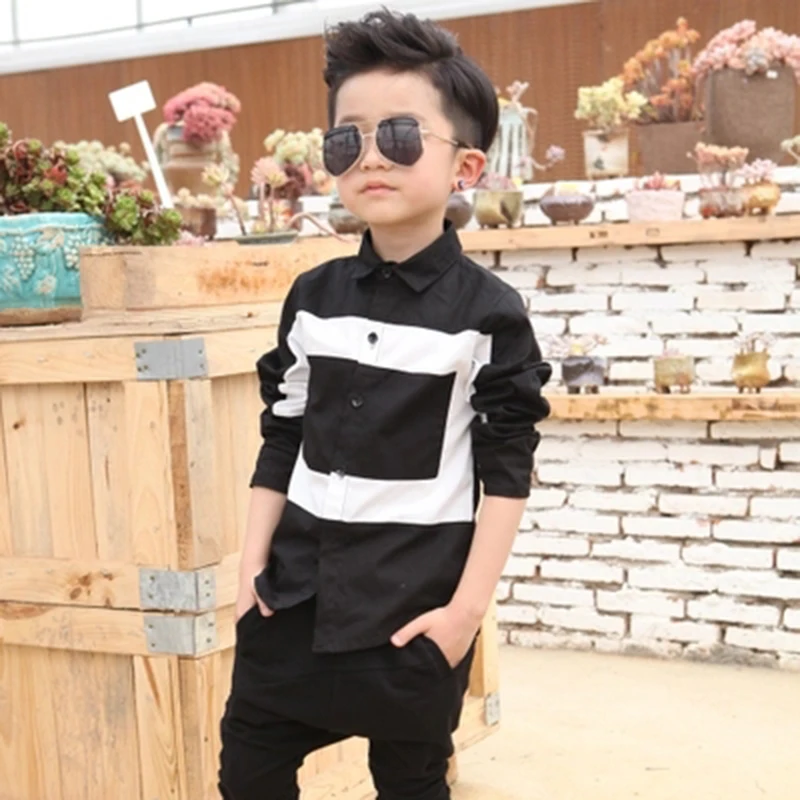 VearDoller Casual Children's Tops Summer Autumn Long Sleeve Cotton Kids Shirts Black White Patchwork Boys Shirts 2-8Years