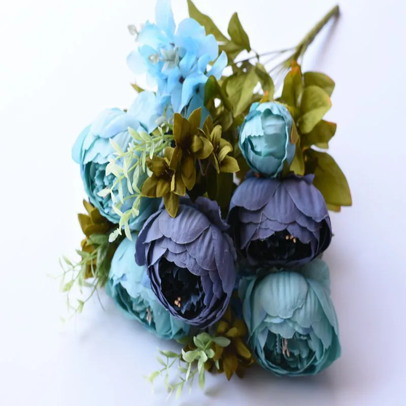 13 голов/Букет искусственных цветов, высокое качество, Шелковый цветок, Европейский осенний яркий пион, Искусственный лист, свадебные, вечерние, для дома - Цвет: Purple blue