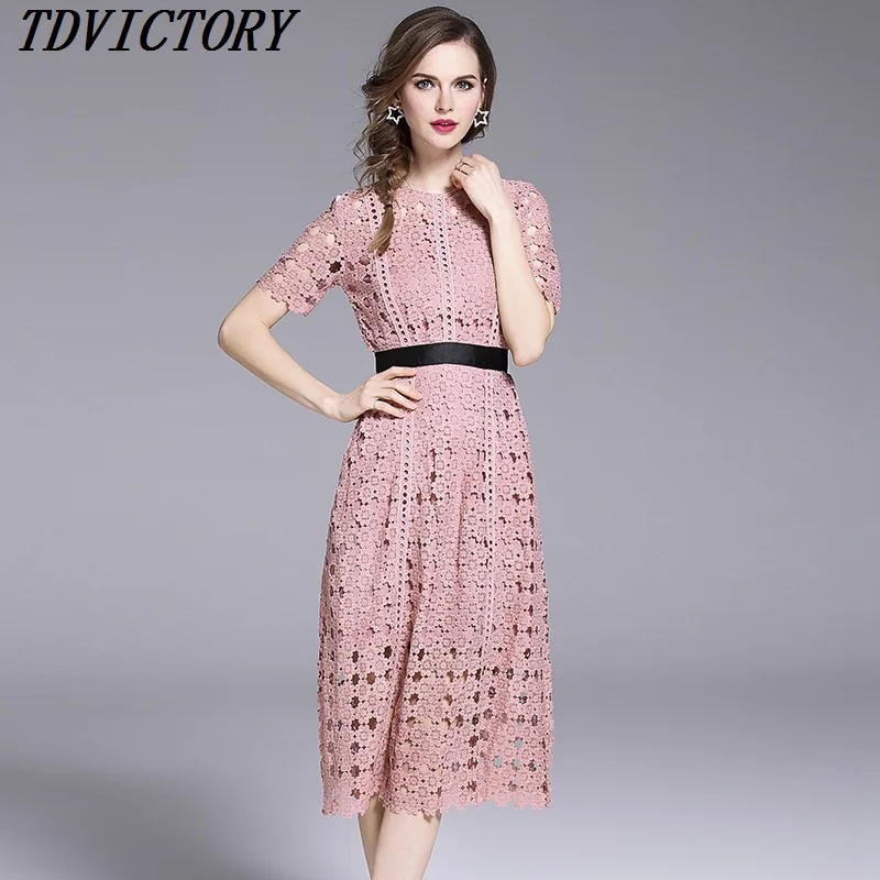 

TDVICTORY High Quality 2019 Summer Water Soluble White Lace Dress Women Hollow Out Short Sleeve Vintage Slim Crochet Party Dress