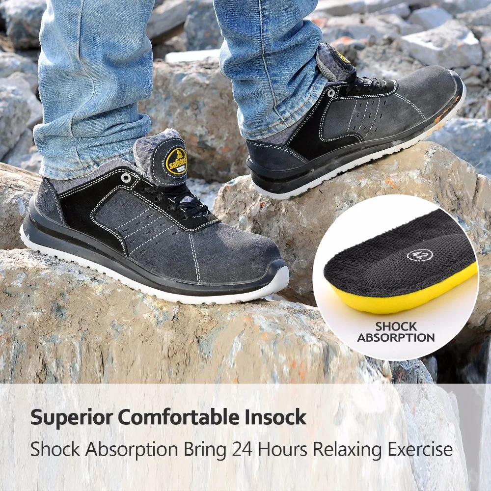 Safety work sports shoes comfortable toe cow suede mesh fashion breathable air lace up durable para hombre de deporte