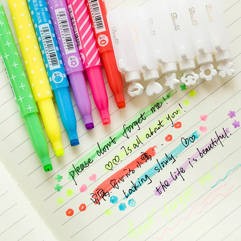 

6 pcs/set stamp highlighter pen Dual-side writing color liner Marker Scrapbooking Star Clover Flower Office School supplies 6689