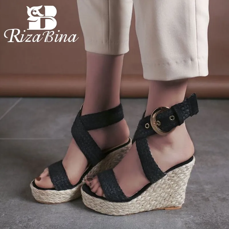 

RIZABINA Weaving Sandals Women Wedges Platform Buckle High Heels Shoes Summer Club Party Fashion Women Footwear Size 35-43