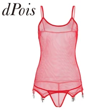 2Pcs Sexy Women Fishnet Lingerie Spaghetti Shoulder Straps Corset with Suspenders Clips Stockings Teddy Bodysuit with Briefs