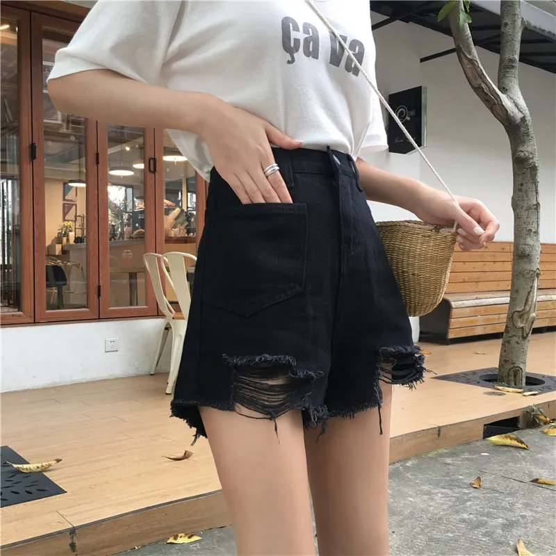 2019 для женщин джинсы для Шорты Высокая талия широкие брюки короткие брюки девочек отверстие женские джинсовые шорты