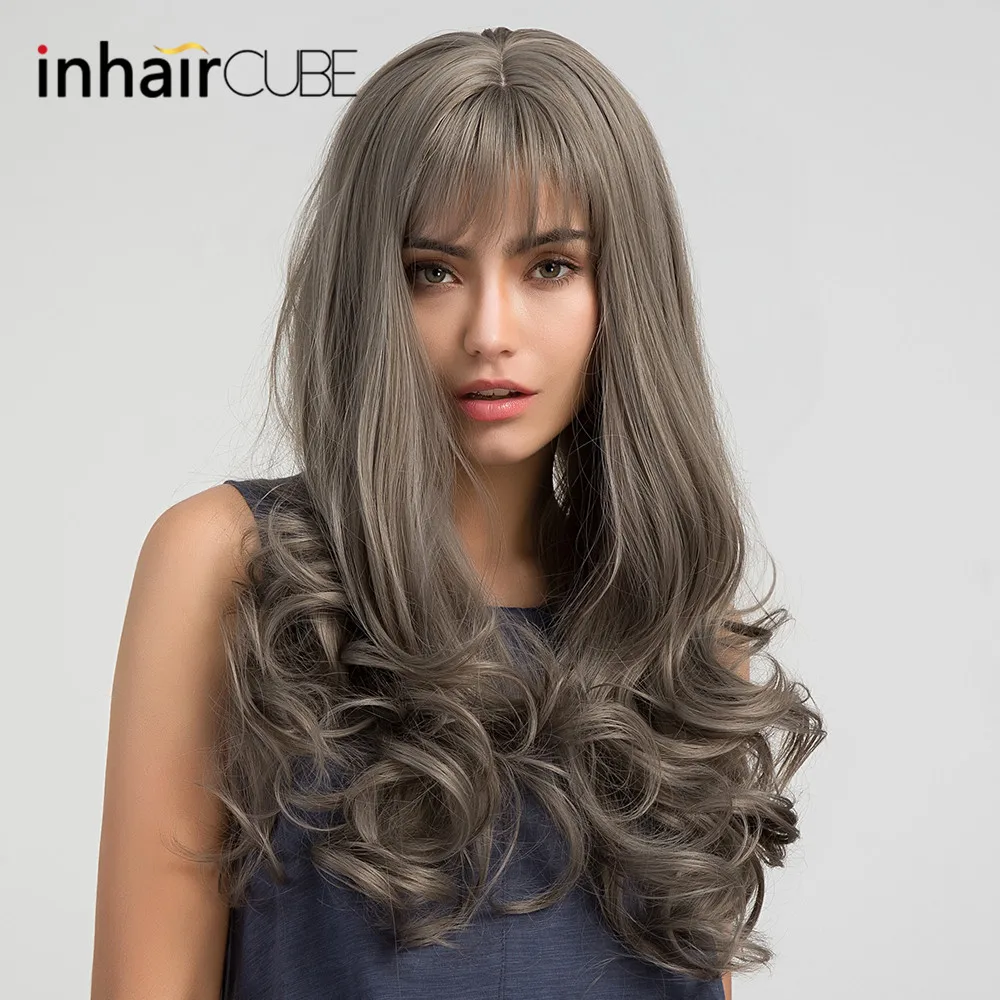 

Esin Body Wave 24" Long Wig Grey Hair Heat Resistant Synthetic Wigs with Neat Bangs Realistic Simulation Scalp Cosplay Style