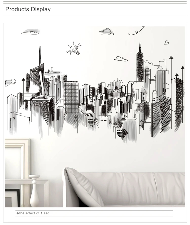 [SHIJUEHEZI] карандаш эскиз стиль Наклейка на стену с изображением самолёта DIY высокие здания настенные наклейки для гостиной спальни украшения дома