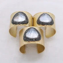 Big cuff bangle bracelet brass cuff gold color with Natural shell pearl pave cubic zircon Gems stone jewelry bangle cuff 231