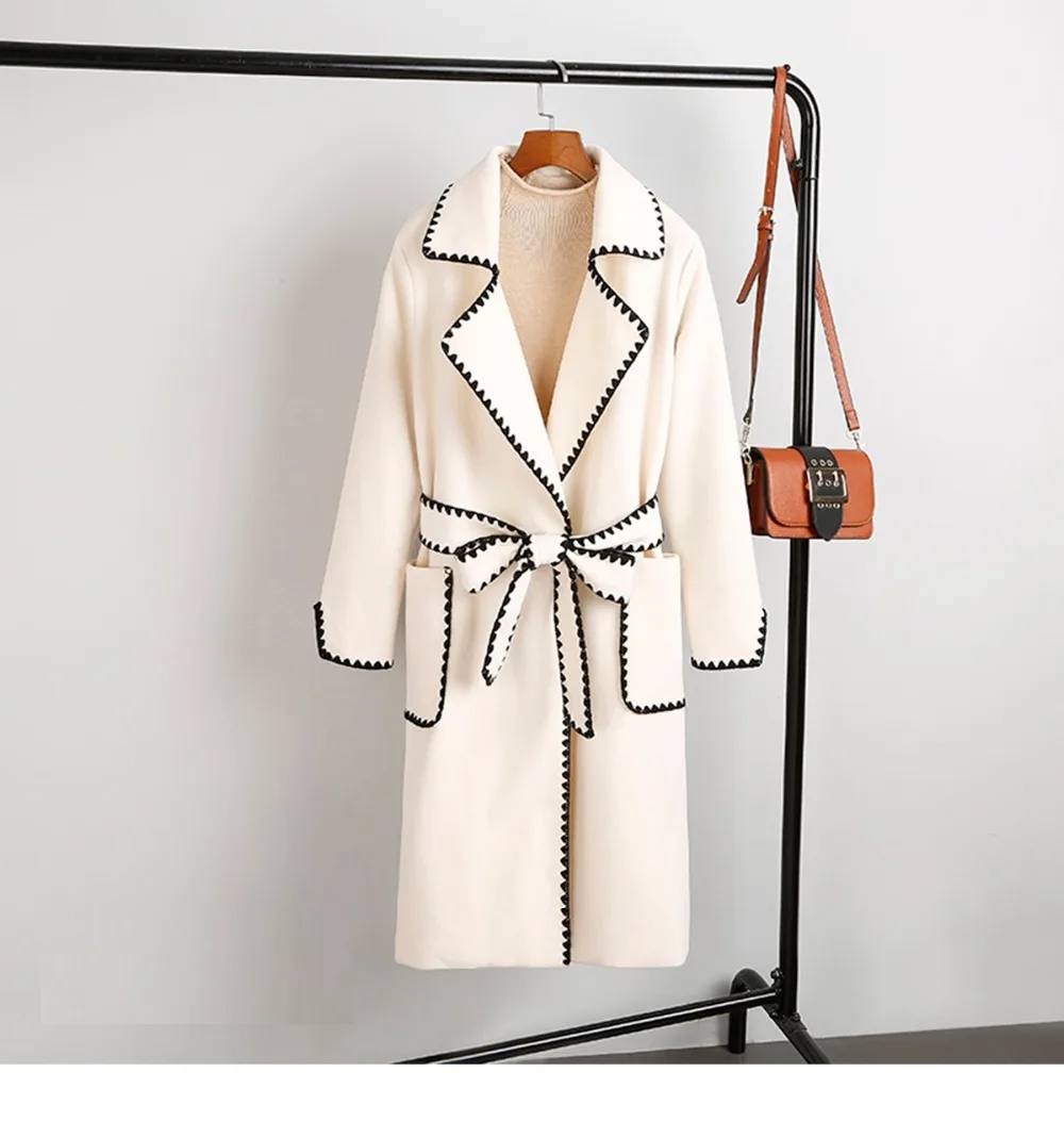 Осень зима классический Зубчатый воротник средней длины шерстяная куртка комбинированные цвета Женское шерстяное пальто