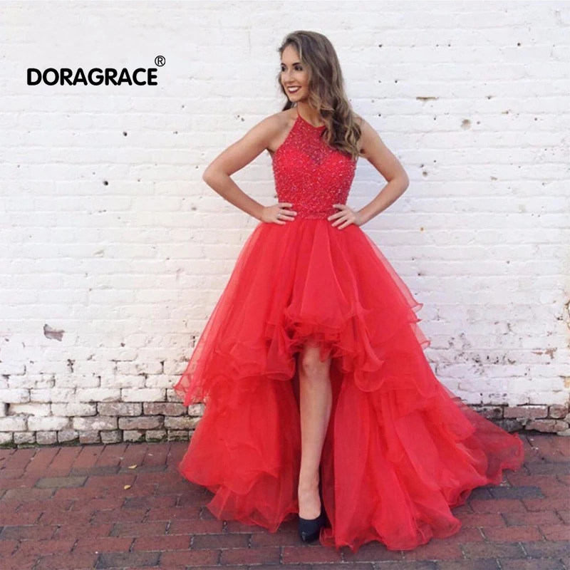 

Doragrace New Fashion Halter High/Low Organza Beaded Evening Party Dresses Prom Gowns Plus Size