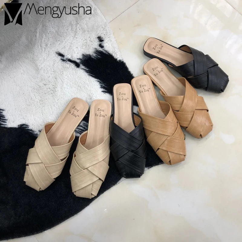 

Handmade Sewn braided babouche woman flat mules slippers ladies cozy microfiber beach slides 2019 summer new slipon loafers pure