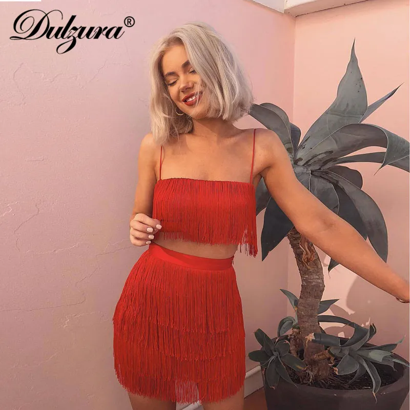 Dulzura 2019 الصيف المرأة اثنين من قطعة مجموعة شرابة تنورة مجموعة مثير أنيقة مهرجان ملابس للحفلات وتتسابق مطابقة قطعتين السيدات