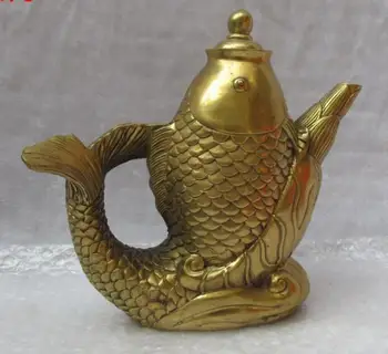 

Marked Old China brass fengshui Auspicious Fish statue Wine Pot TeaPot big