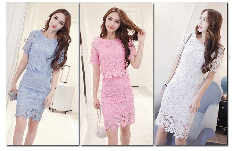 Women Lace Set  O Neck Crop Tops And Skirt Hollow Out Female Suit White Blue Pink 2 Pieces (13)