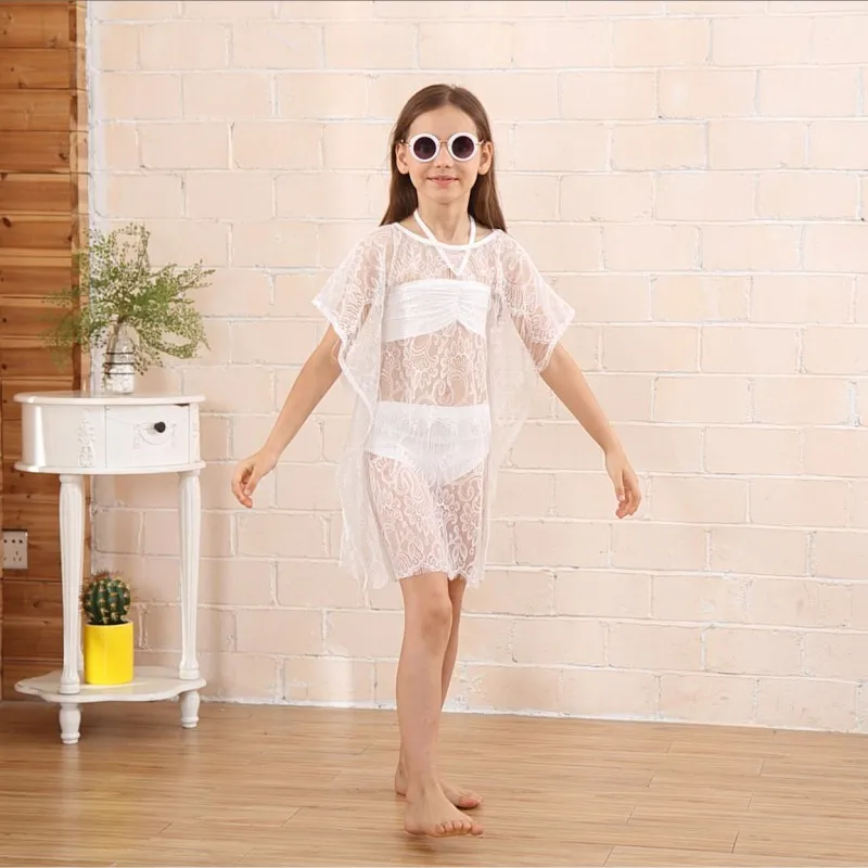

3Pcs/set Kids Baby Girls Solid Beachwear Lace Blouse Dress Summer Children Bikini Beach Swimsuit Bathing Suit Sets Newest