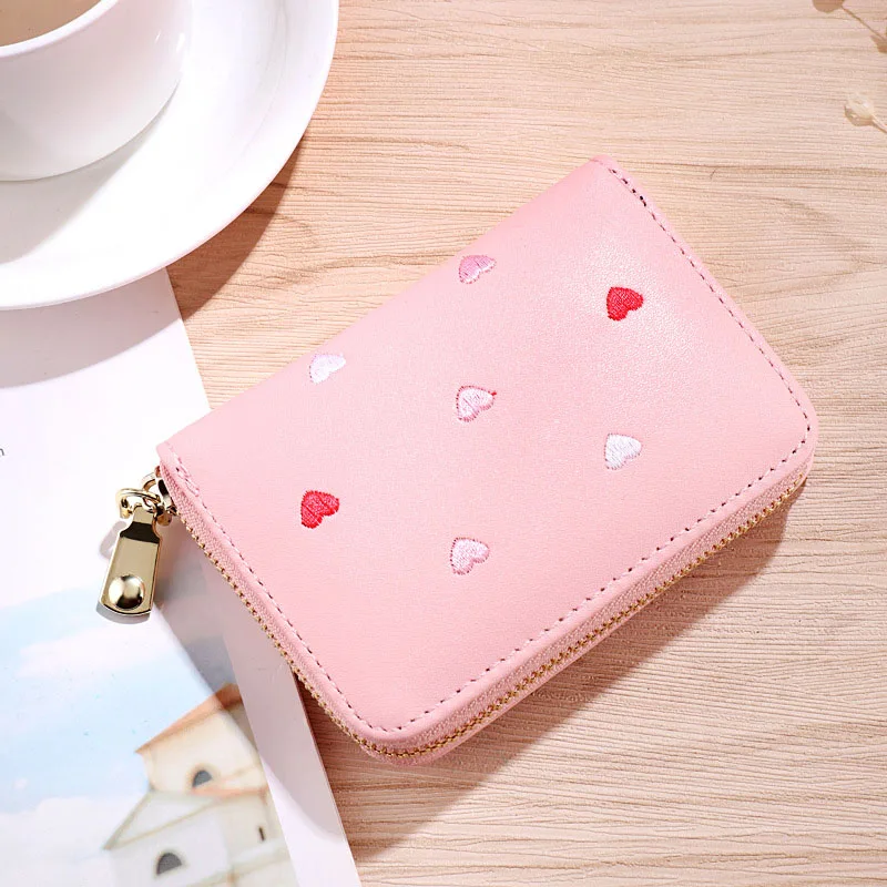 Heart Embroider женский бумажник с отделениями для карт, маленькая застежка-молния, складной кредитный держатель для карт, выдвижная сумка для ID карт, кошелек для женщин - Цвет: Pink