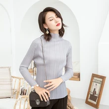 MIYAKE морщинки с высоким воротником с длинными рукавами джемпер женская новая Однотонная футболка плиссированная