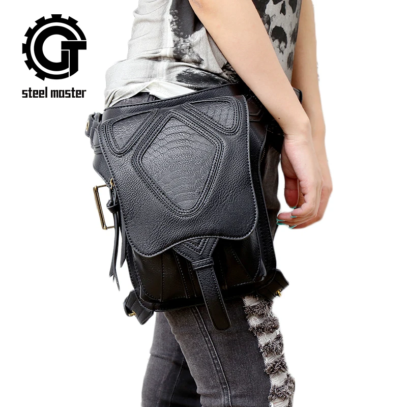 

2018 Steelsir Retro Men Rock Black Leather Waist Bags Steampunk Chain Skull Fashion Women Rivet Travel Shoulder Bag women