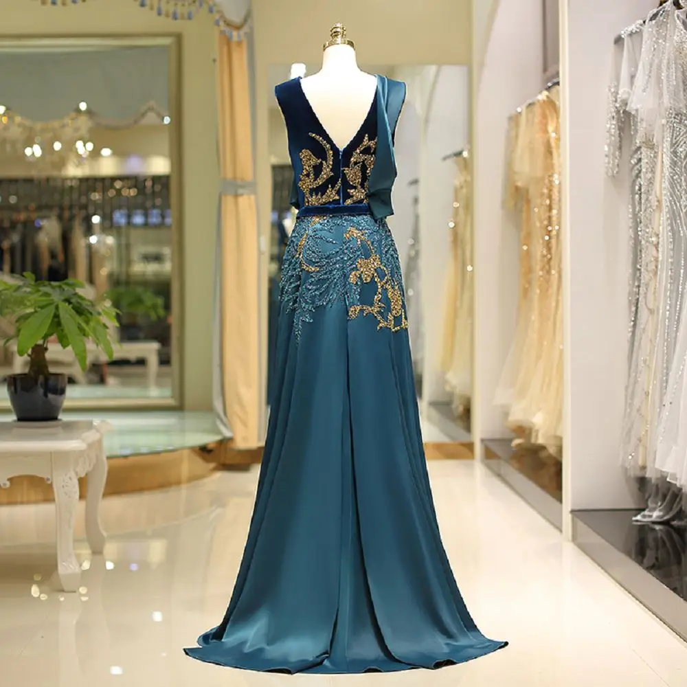 2018 Vintage blue Evening Dresses new design velour with 3d patterns Sleeveless prom dress Elegant Sashes Party Prom Gowns 2018 Vintage blue Evening Dresses new design velour with 3d patterns Sleeveless prom dress Elegant Sashes Party Prom Gowns