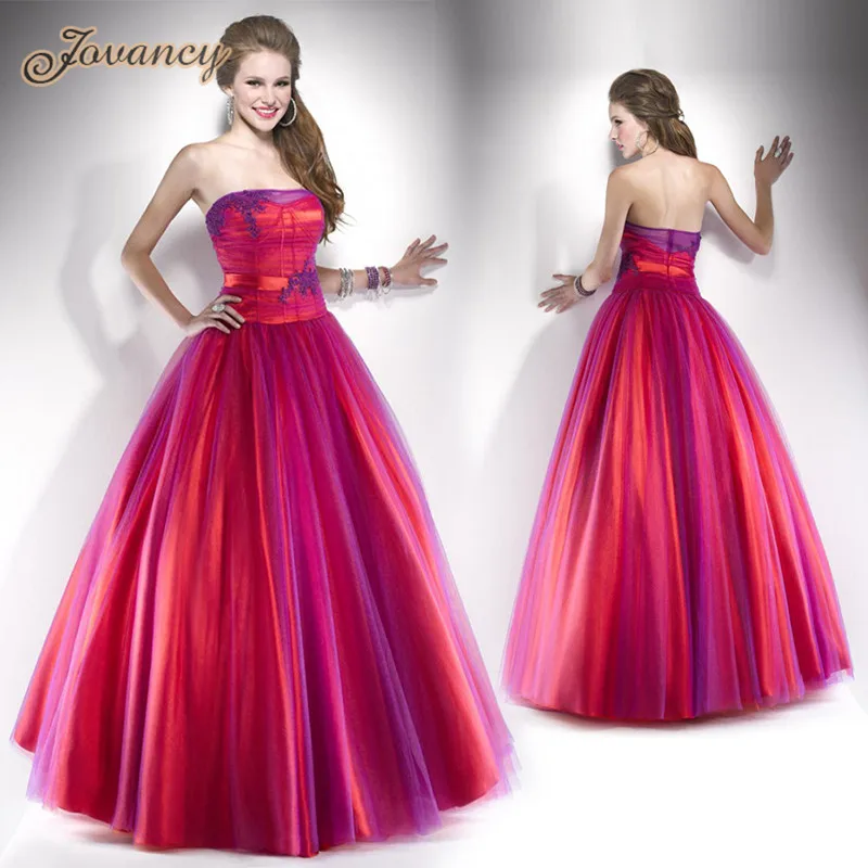 Evening Dress Women Red Purple Lace Embroidery Strapless Ball Gown Tulle Backless Prom
