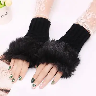 Женские перчатки с искусственным кроличьим мехом/ворсинами, вязаные перчатки без пальцев, теплые зимние вязаные перчатки, новые перчатки с отделкой запястья - Цвет: black