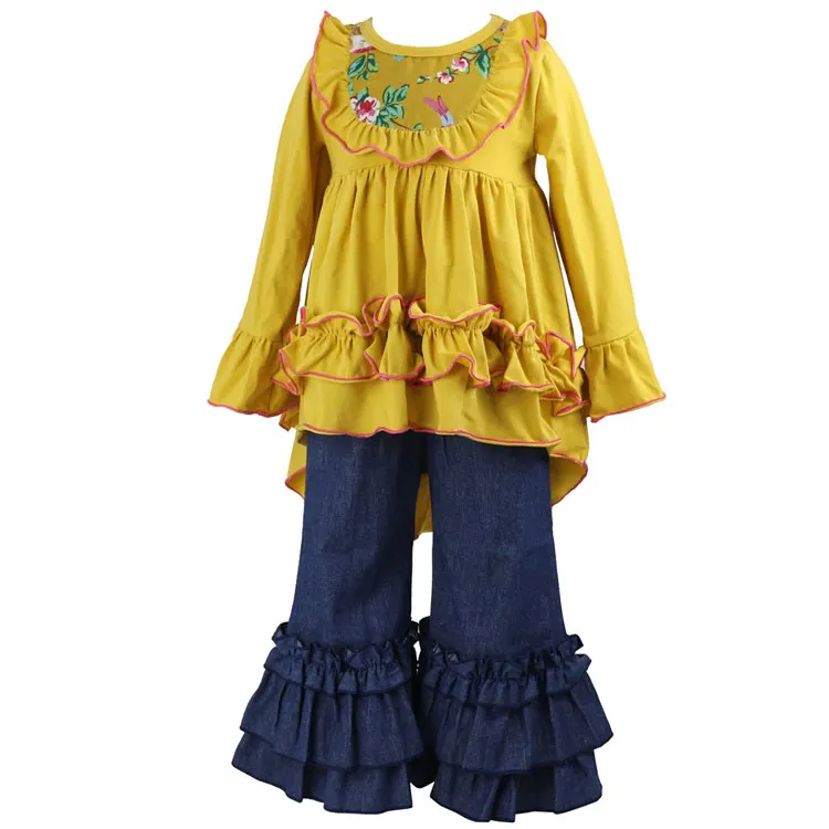 Одежда для девочек Дети Рубашки с рюшами Платье Бутик колокол штаны комплект 2 шт. Здравствуйте Lo рюшами Flare туника топ Flare Комплекты штанов