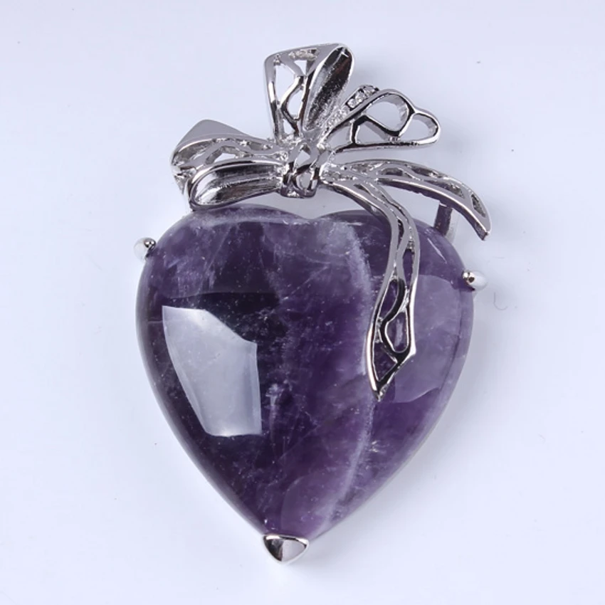 

Kraft-beads Romantic Silver Plated Eternal Love Heart Stone Natural Purple Amethysts Silk Ribbon Pendant For Lovers