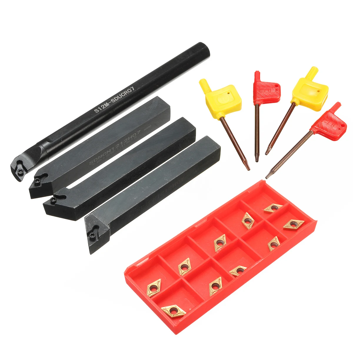 4pcs Mayitr Lathe Boring Bar Turning Tool Holder 12mm Shank Diameter + 10pcs High Hardness DCMT0702 Carbide Inserts+ 4pcs Wrench