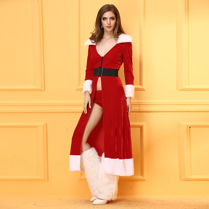 Новинка, сексуальные красные рождественские костюмы Санта Клауса для костюмированной игры, зимние длинные платья для взрослых, костюмы на Хэллоуин для женщин, Дамское сексуальное нижнее белье