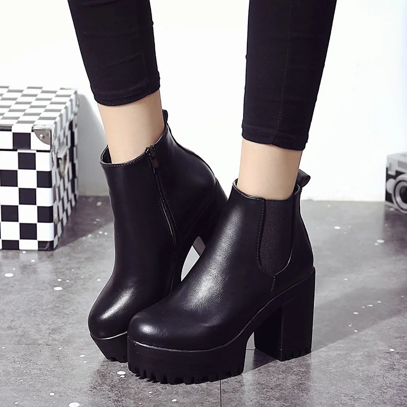 

Women Boots Leather Ankle Boots For Women Flat Platform Boots Female Autumn Round Toe Women Heels Shoes