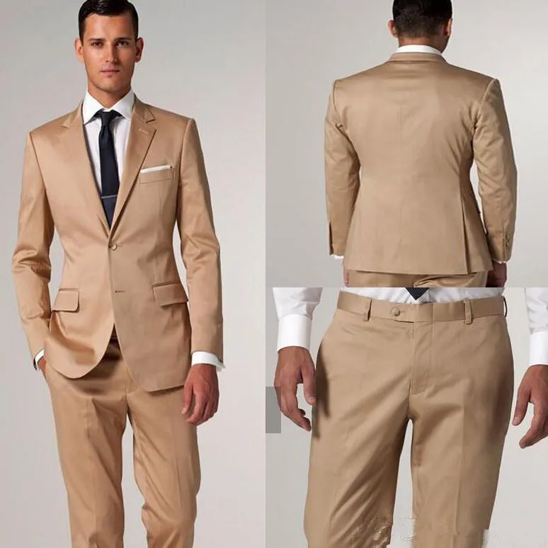 902 champagne tux Modern Golden Satin Notch Lapel Two Groom Tuxedos Men formal evening Wedding Suits Slim Fit Suits Boys (coat+pants)