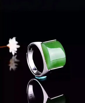 

Natural green jasper Ring Natural jade Ring S925 Sterling Silver trendy luxurious big heavy Square men women's Party Jewelry