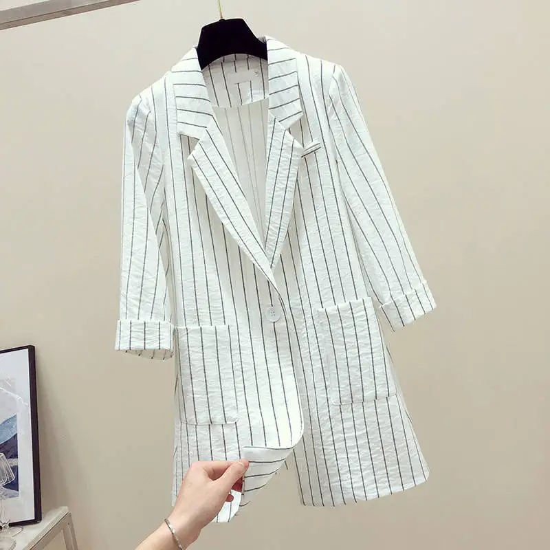 Ladies fashion Striped Single breasted blazer Casual Notched Simple basic blazer women female outwear black white clothes - Цвет: white