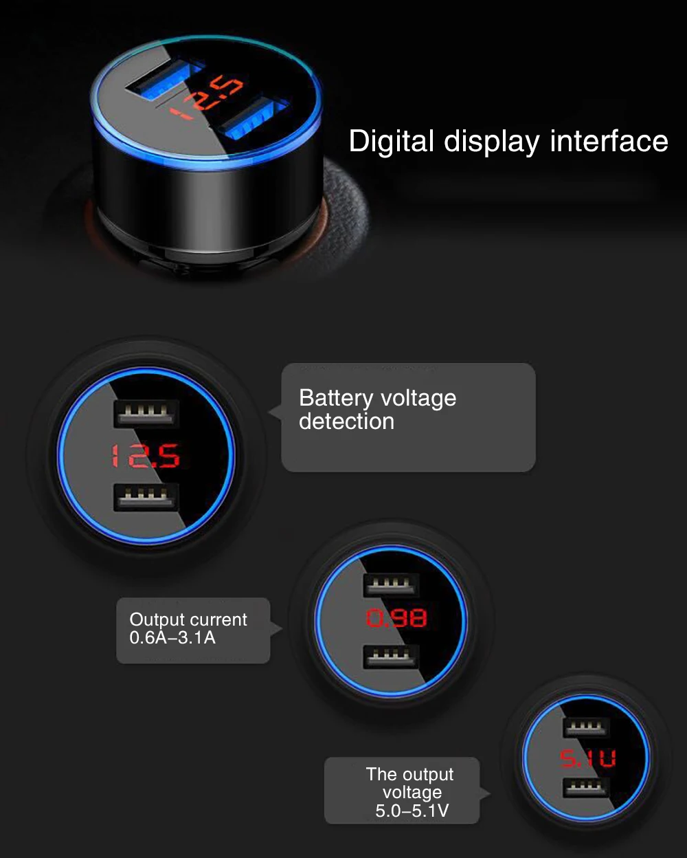 5 в 2,1 а круглый светодиодный автомобильный зарядное устройство с цифровым дисплеем, двухпортовый USB, быстрая зарядка для мобильного телефона, автомобильный держатель для телефона HCX108