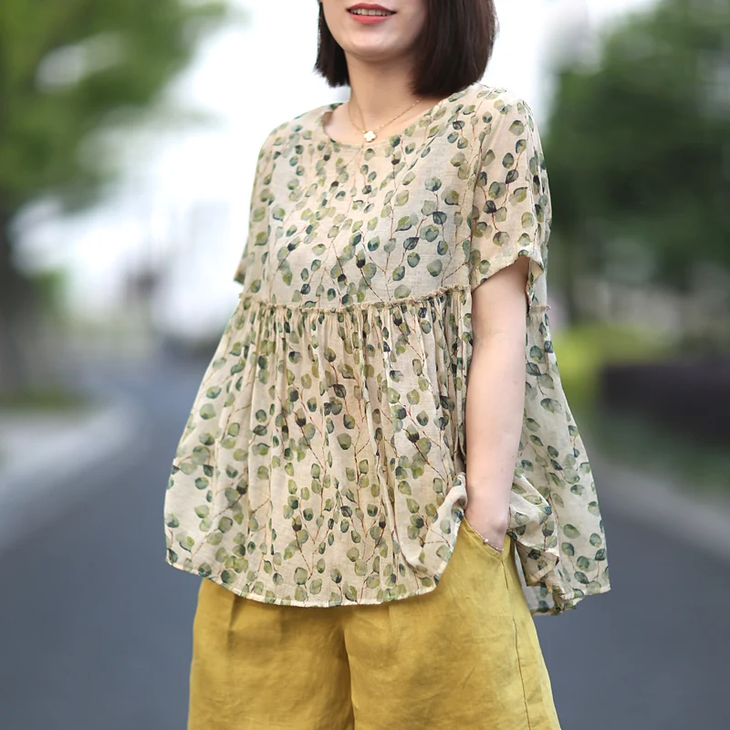 

Summer female short-sleeved doll shirt shirt retro printing dyed small floral shirt