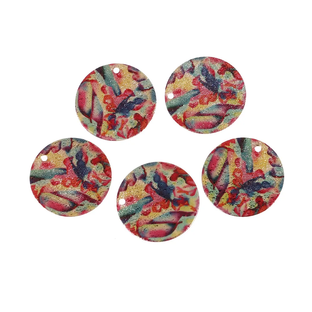 

8SEASONS Copper Enamel Painting Charms Pendants Round Gold Color Multicolor Jewelry Accessories 20mm( 6/8") Dia, 5 PCs