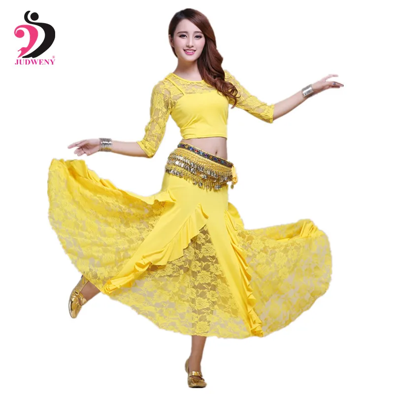 

2019 Belly Dance Costumes Set Oriental Dance Belly Dancing Skirt Bollywood Practice Permance Stage Wear Top Belt Skirt 7 Colors