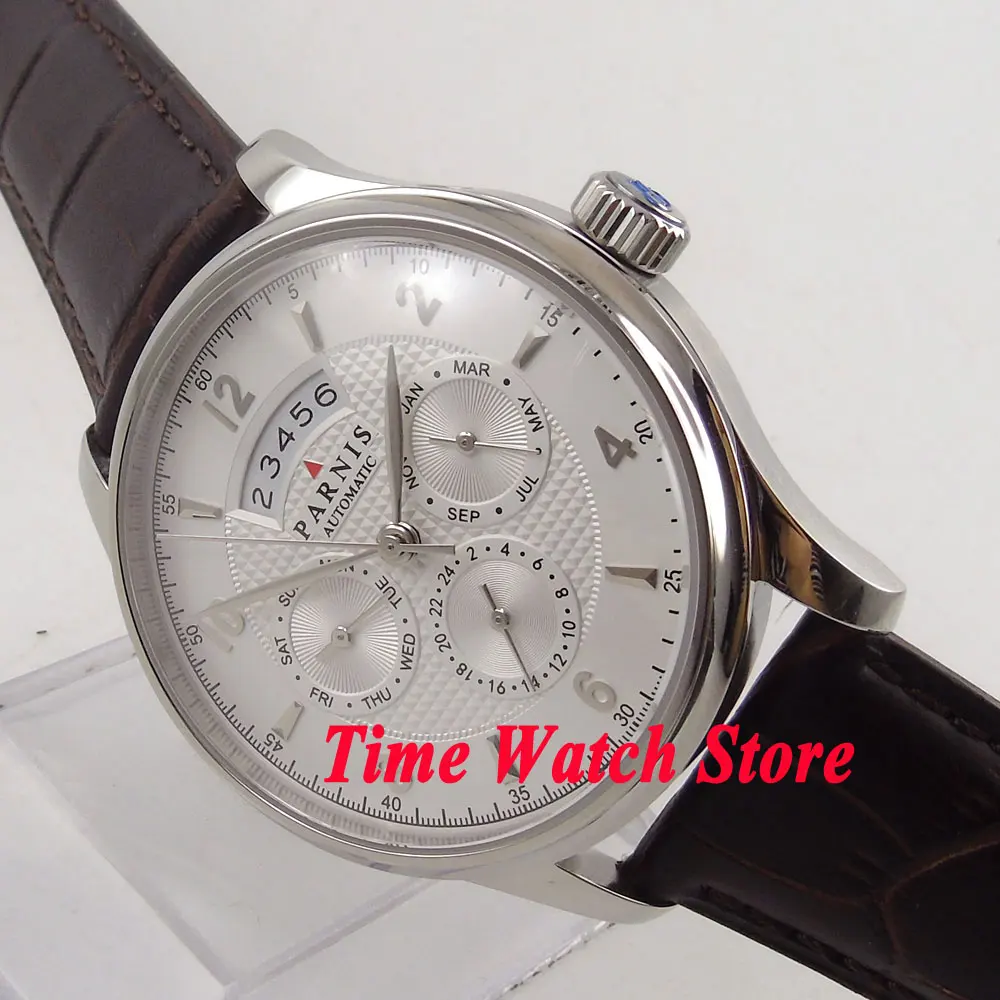 

42mm Parnis Miyota 9120 5ATM multifunction Automatic men's watch polished month date week 24 hours display sapphire glass