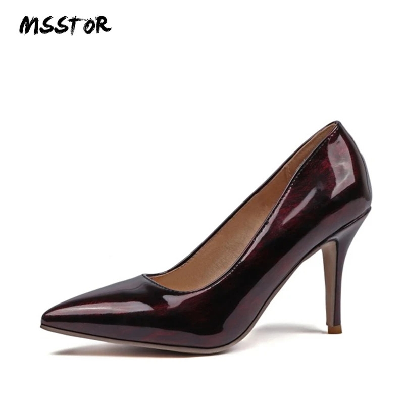 

MSStor Patent Leather Ladies Heels Pointed Toe Rubber Thin Heels Autumn Spring Sexy Pumps Women Shoes Pointed Toe Black Heels