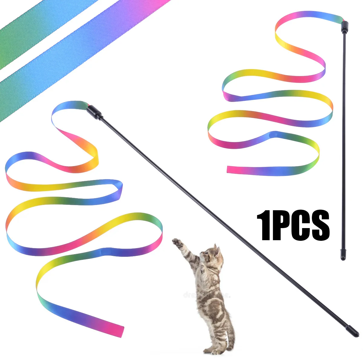 

1PC Pet Cat Toys Funny Rainbow Cloth Stripe Tease Cats Rod Teaser Playing Toy Training Pet Cat Interactive Supplies
