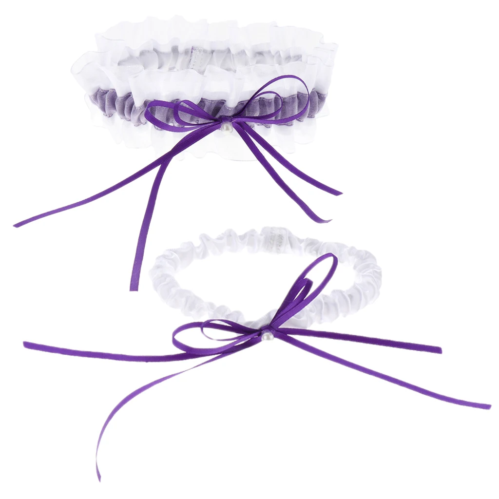 2pcs Elegant Bridal Garter Set Pearls Bow Satin Ribbon Garter Throwaway Toss Keepsake Wedding Accessories