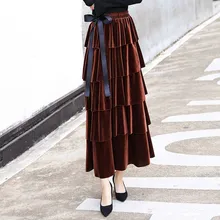 Модная Золотая Бархатная Женская юбка черная винтажная Высокая Низкая коричневая юбка плюс размер осенние зимние юбки X162