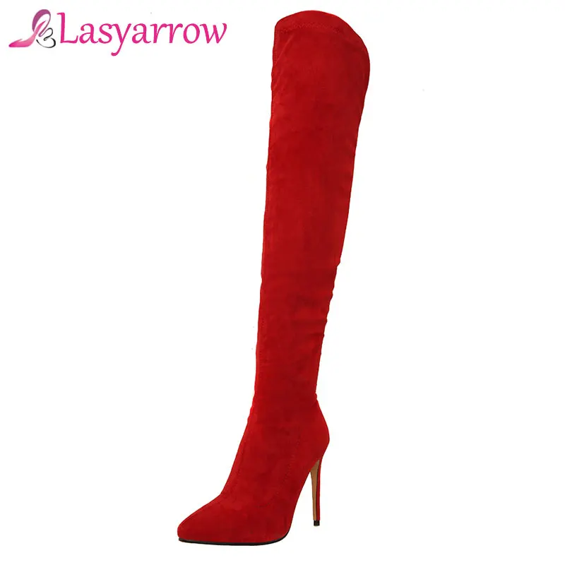 

Lasyarrow Sexy Slim Over the Knee Boots Women's Black Red Thigh High Stiletto Boots Stretch Suede High Heel Long Botas Feminina