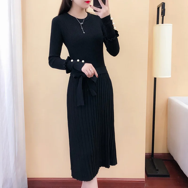 2019 Autumn Winter Knitted Dresses Women Long Sleeve O Neck New Bottom Sweaters Dress Elegant Ladies Korean Style Vestidos | Женская